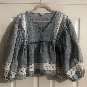 POL Washed Blue Denim-Look Lace Trim Babydoll Blouse